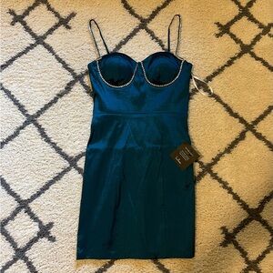 Teal Satin Dress with Beaded Straps